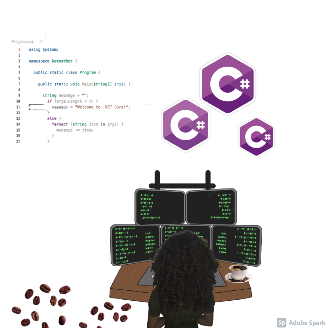 Logo Csharp, código Csharp, computador de várias telas típico de desenvolvedor, xicara e grão de café.